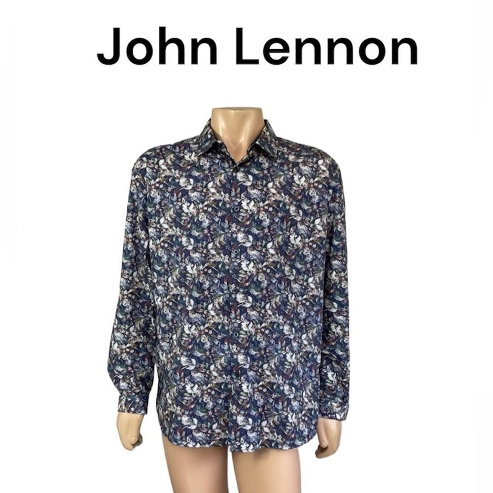 John Lennon Floral Collared Long Roll Tab Sleeve Button-Up Cotton Shirt Blue 2XL